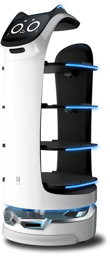 BellaBot Serviceroboter von Pudu Robotics mit vier Tabletts und Katzengesicht-Display